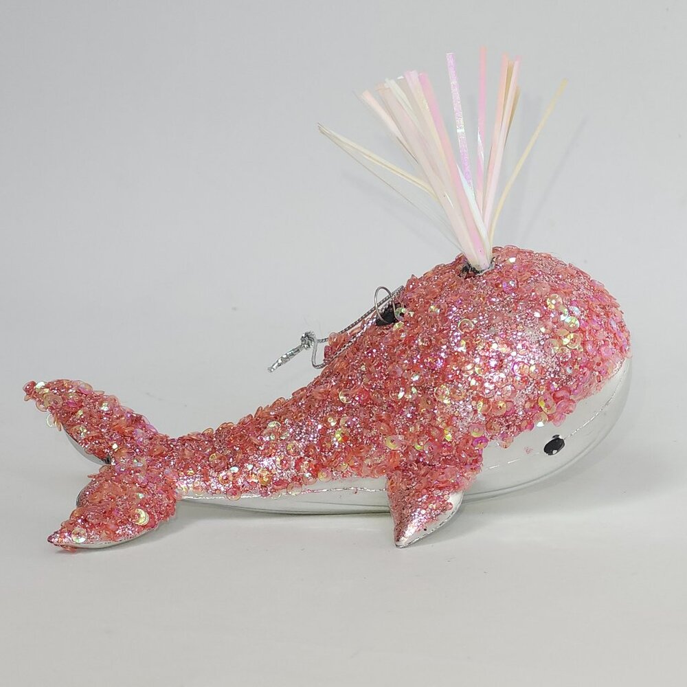Christmas ornament 5" long spouting WHALE Silver with PINK glitter & sequins